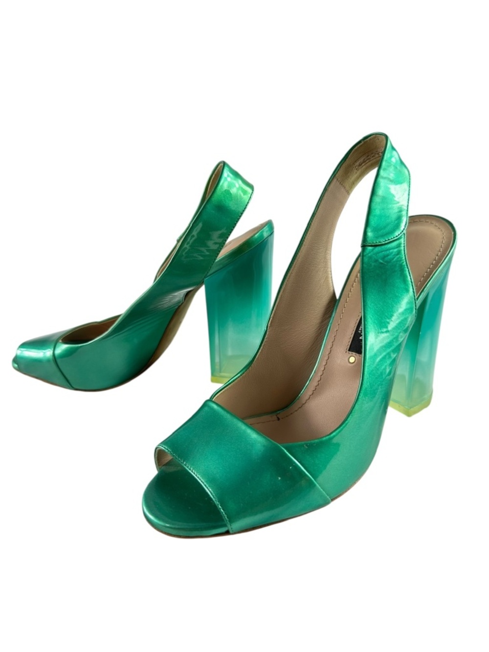 BALDAN Green Patent Leather Slingback Peep Toe Block Heel Pumps Women EU 38 8